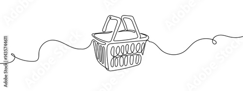 Continuous line, shopping basket, supermarket, online shopping concept hand drawn line drawing illustration, vector, transparent background.