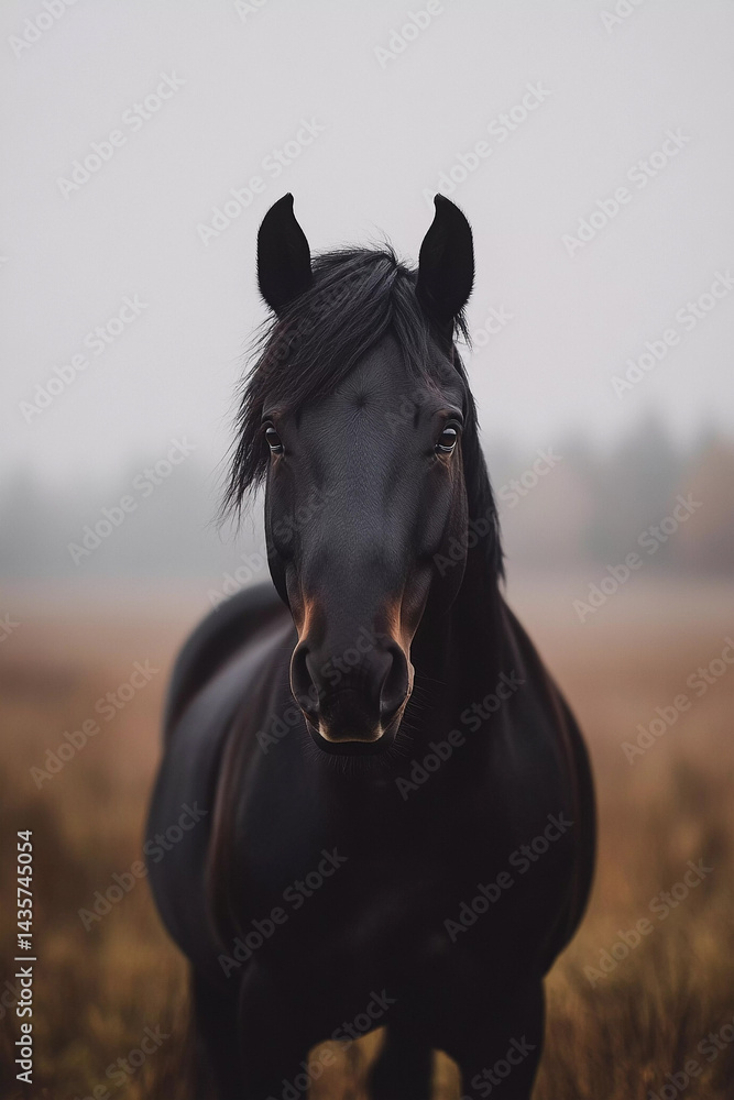 Obraz premium Majestic Black Horse in a Misty Field