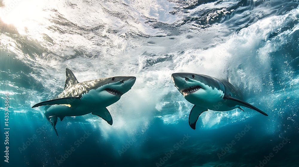 Fototapeta premium Oceanic Dance: Two Great White Sharks Gracefully Glide Through a Wave