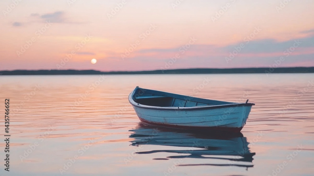 Fototapeta premium A small blue boat on a calm lake at sunset.