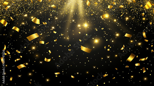 Glittering gold confetti falling over black backdrop for festive celebrations, holidays, and parties.