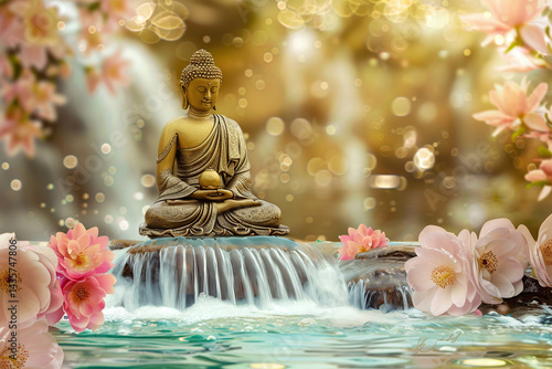 Ancient statue great Buddha on bright holiday composition, abstract vivid composition consists of fictional unreal fantastic vision on background