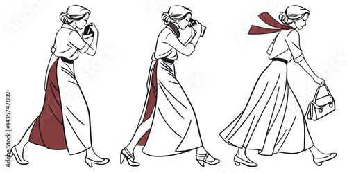 Vector of Slit Skirt Silhouette – Women’s Fashion Skirt Styles, Midi and Long Skirts, Casual and Elegant Outfits, Female Dress Shapes, Minimalist Line Art