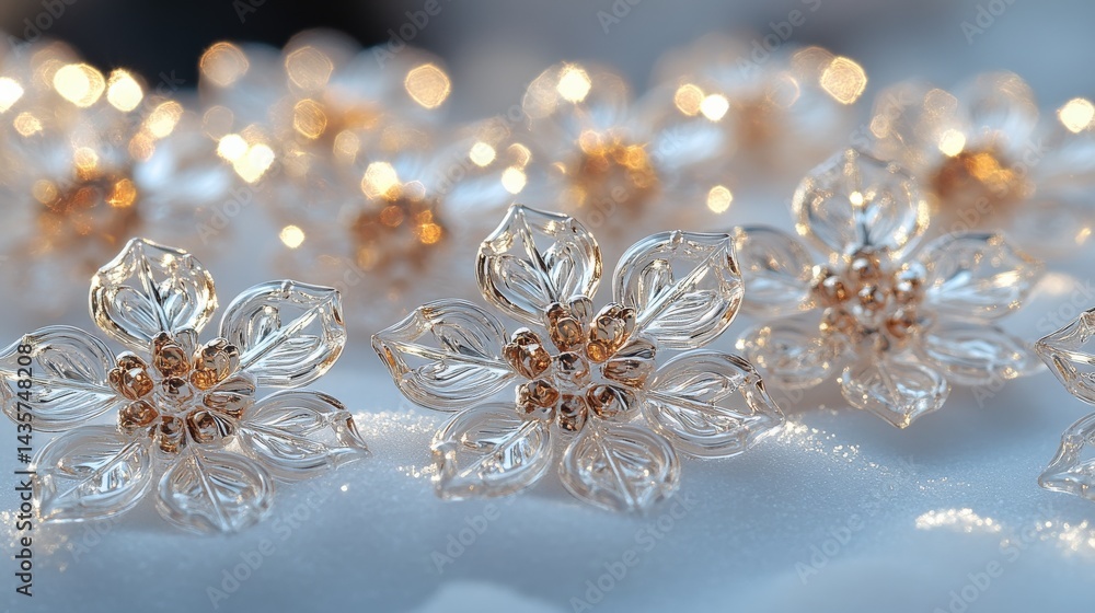 Fototapeta premium Close-up of delicate glass flowers with golden centers shimmering on a soft white surface
