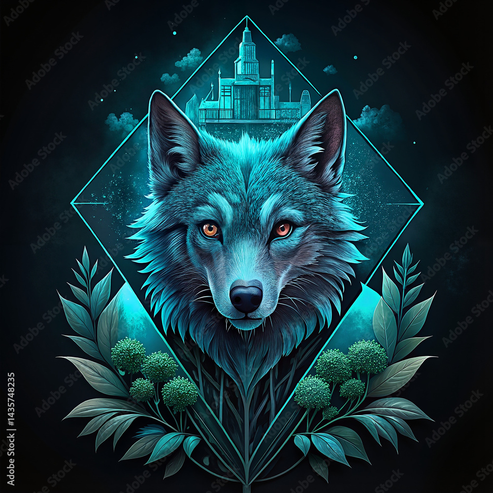 Artistic wolf portrait with intricate design against a dark background