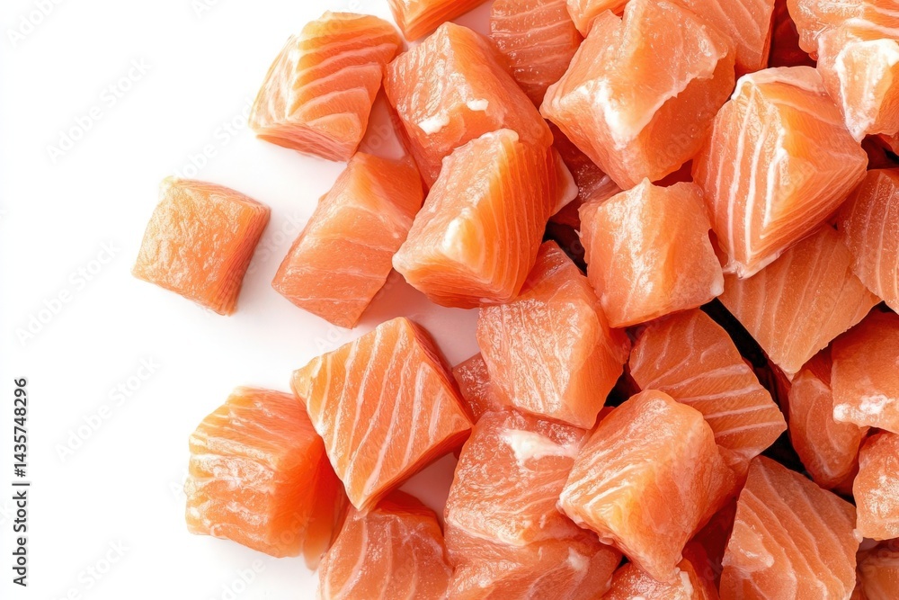 Top view of diced pink salmon pieces on white background, shallow depth of field, ample copy space, isolated, ideal for food design and print uses. Top view of diced pink salmon pieces on white background, shallow depth of field, ample copy space, isolated, ideal for food design and print uses.