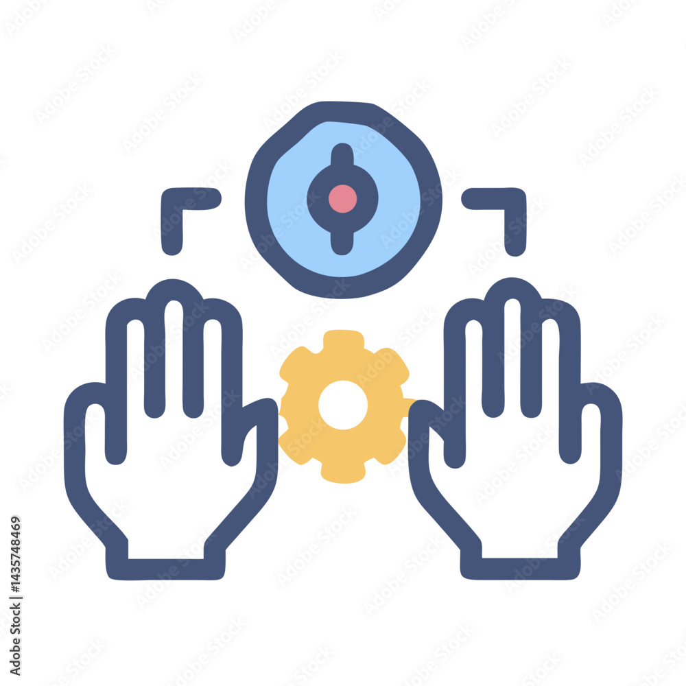 Obraz premium Hands reaching for gear graphic on solid black background