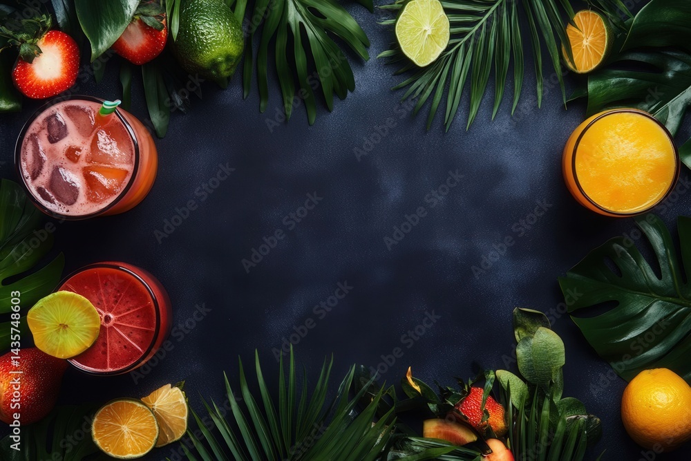 Top view of colorful tropical fruit drinks and green leaves arranged as a summer frame on a black background with empty space for text or design. Top view of colorful tropical fruit drinks and green leaves arranged as a summer frame on a black background with empty space for text or design.