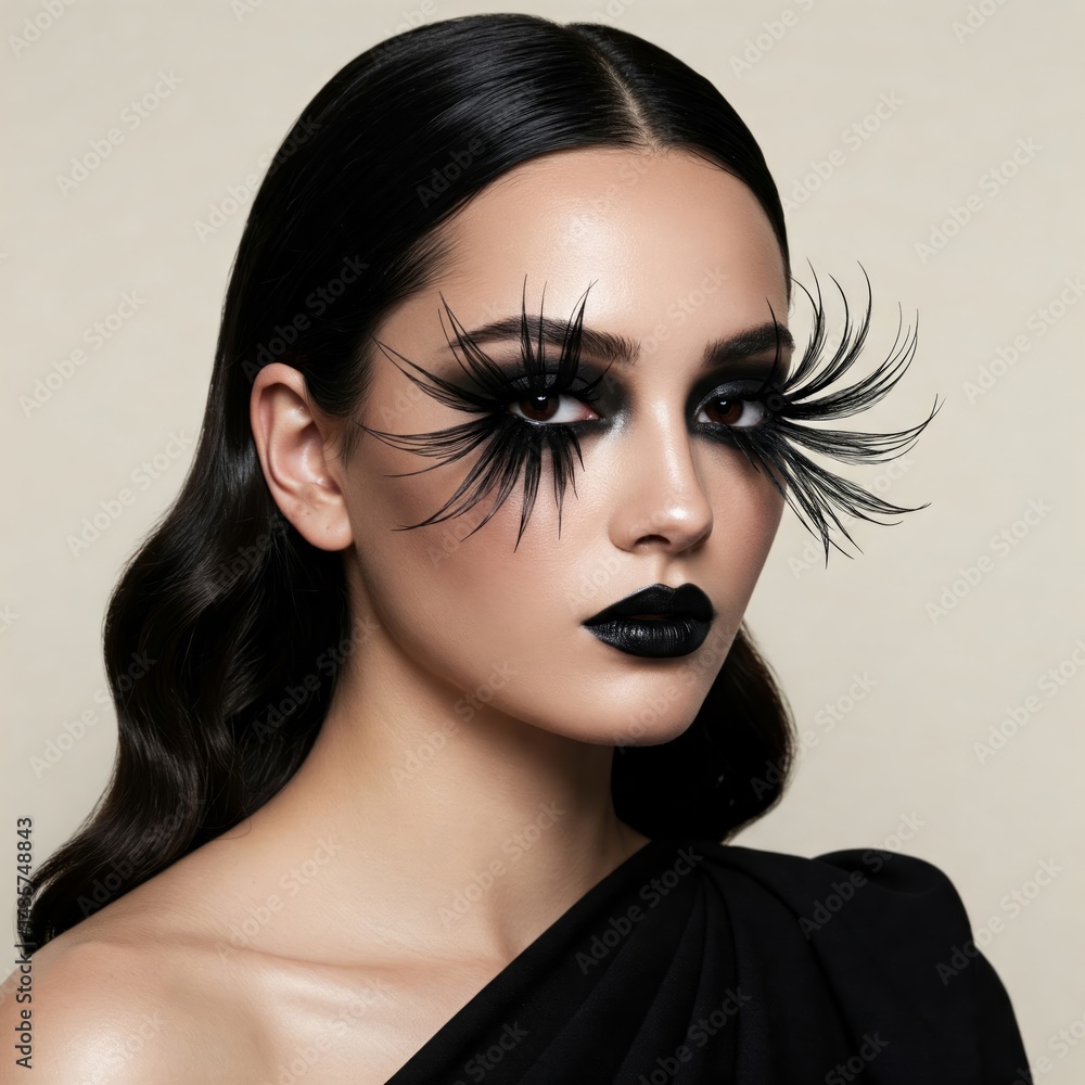 Fototapeta premium Girl with Black Makeup. Fashion Beauty Model Girl with Black Make up and Long Lushes