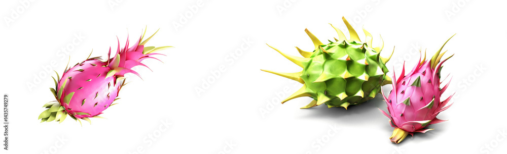 A vibrant set of dragon fruit, featuring its unique pink skin and speckled white flesh, perfect for tropical-themed designs or healthy food presentations.
A vibrant set of dragon fruit, featuring its unique pink skin and speckled white flesh, perfect for tropical-themed designs or healthy food presentations.