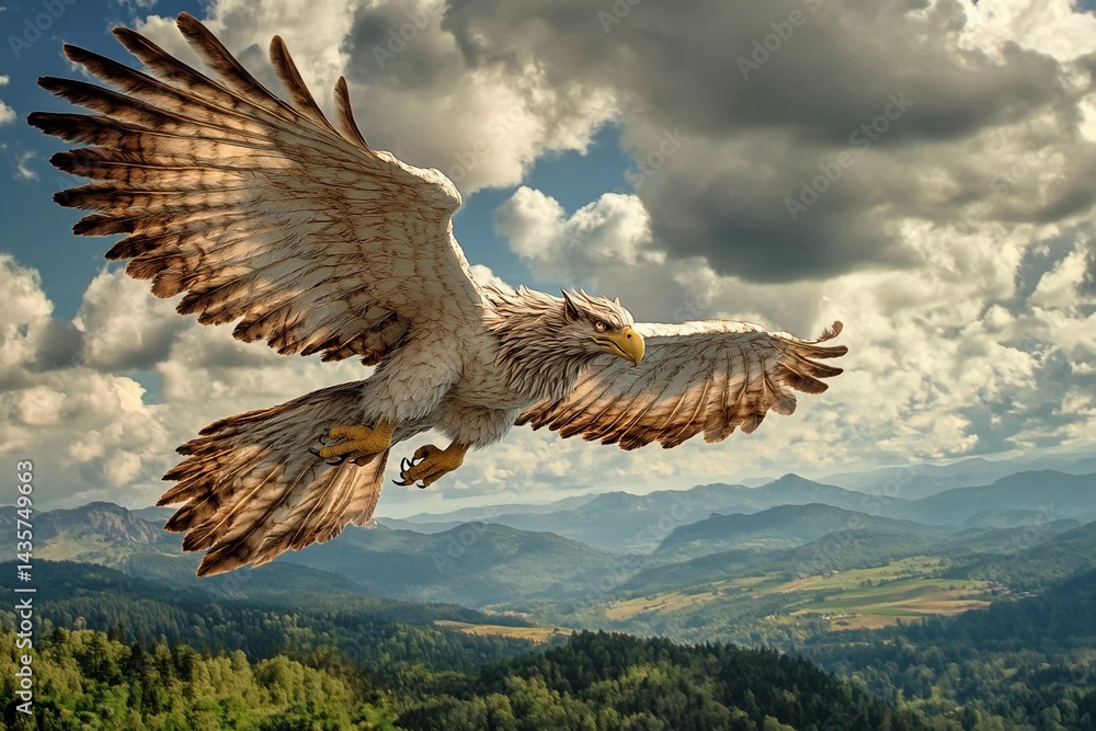 Fototapeta premium Majestic eagle soaring over a dramatic landscape with mountains and clouds