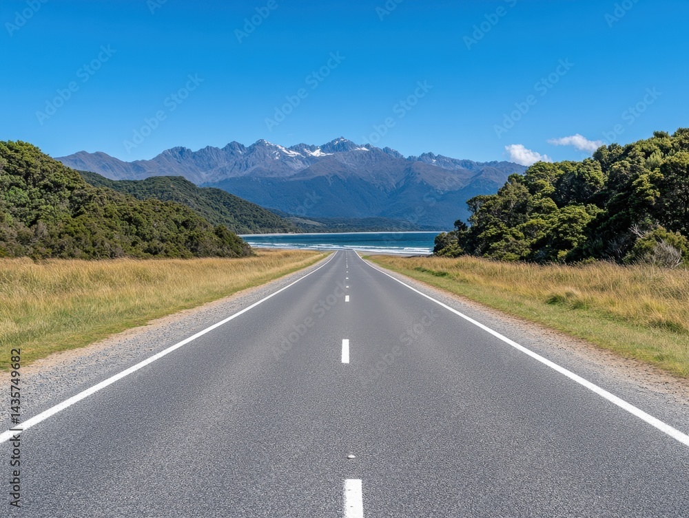 Naklejka premium Straight Road to Mountain Lake