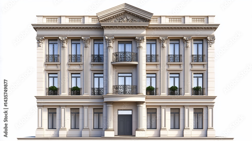 Fototapeta premium Elegant Building Facade with Balconies and Architectural Details