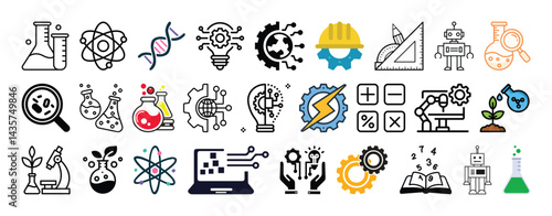 Set of Science, Technology, Engineering, Math, Robotics, Chemistry and Coding icon set collection vector design.