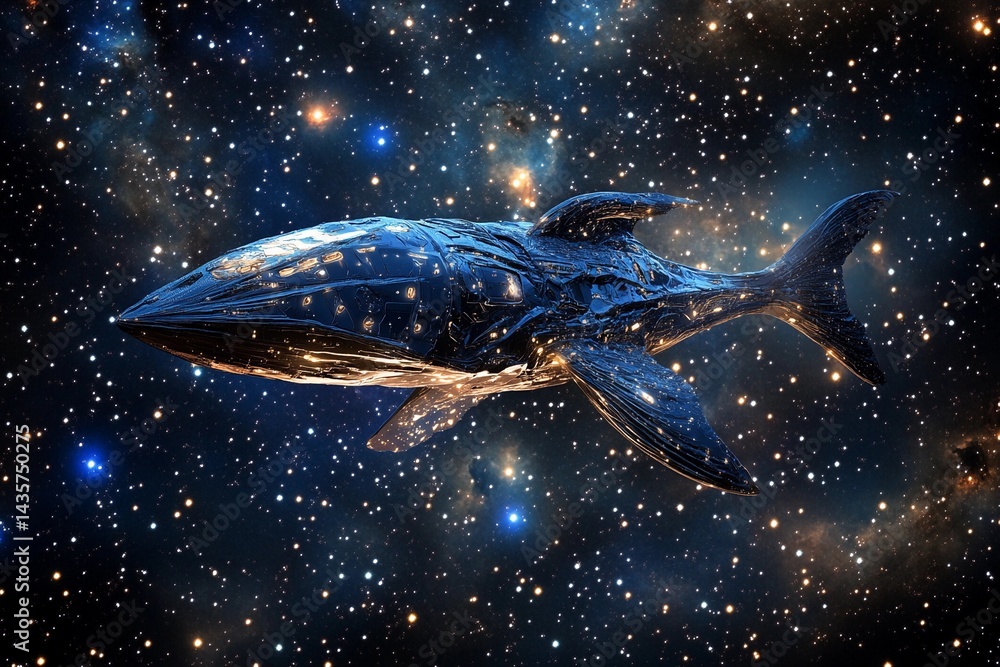 Futuristic spaceship shaped like a fish gliding through a star-filled cosmos Futuristic spaceship shaped like a fish gliding through a star-filled cosmos