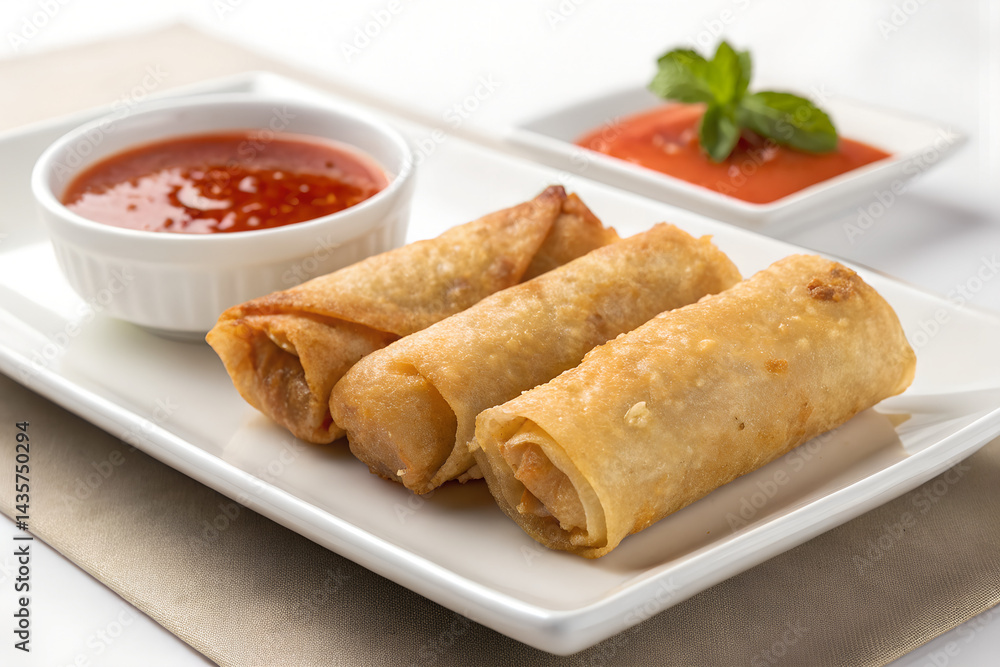 Appetizing Fried Spring Rolls with Dipping Sauces Appetizing Fried Spring Rolls with Dipping Sauces