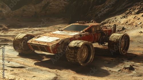 A Mars rover with a blank nameplate on its body.