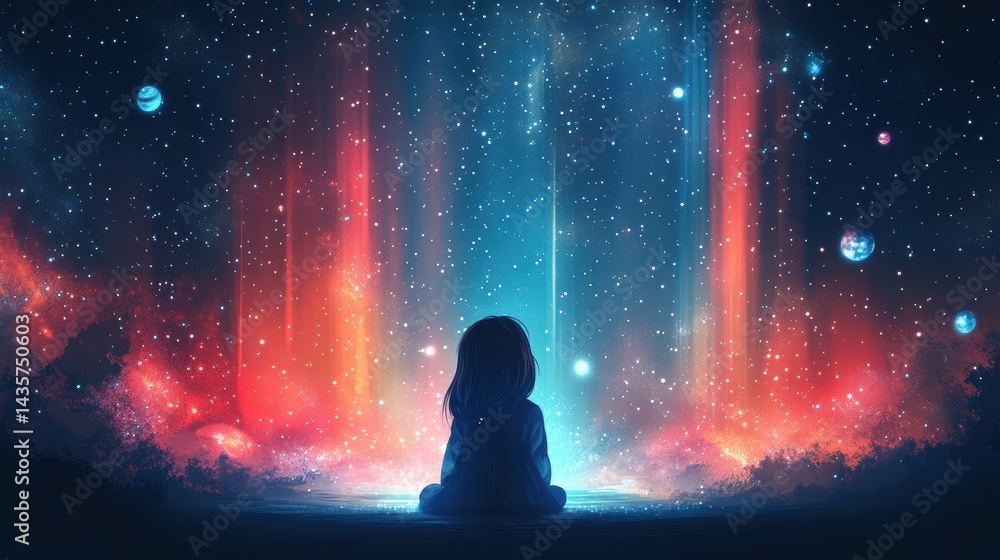 Child Gazing at Cosmic Nebula with Colorful Stars and Planets Child Gazing at Cosmic Nebula with Colorful Stars and Planets