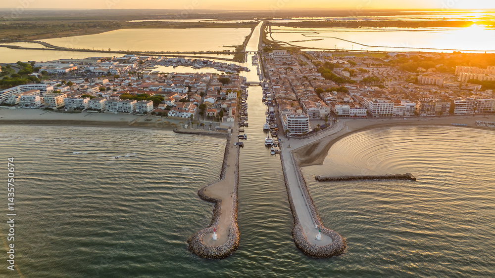 Aerial view of the Grau du Roi fishing village at sunrise in Camargue, France