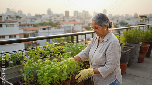 An elderly woman tends to a rooftop garden with basil plants, overlooking a city.