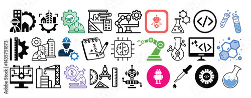 Set of Science, Technology, Engineering, Math, Robotics, Chemistry, Laboratory and Coding icon set collection vector design.