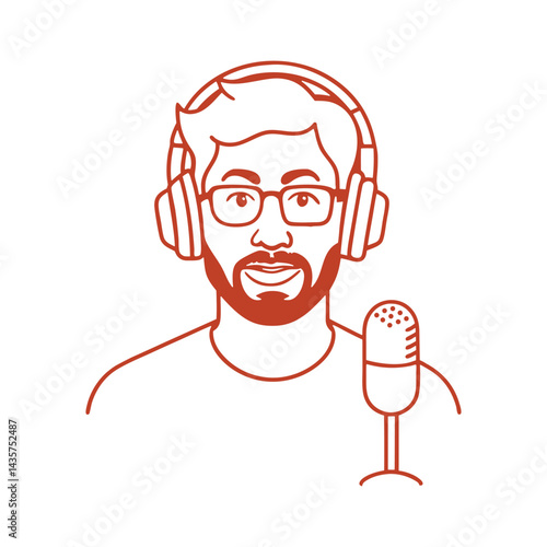 Minimalist Podcaster Line Art with Headphones Illustration.