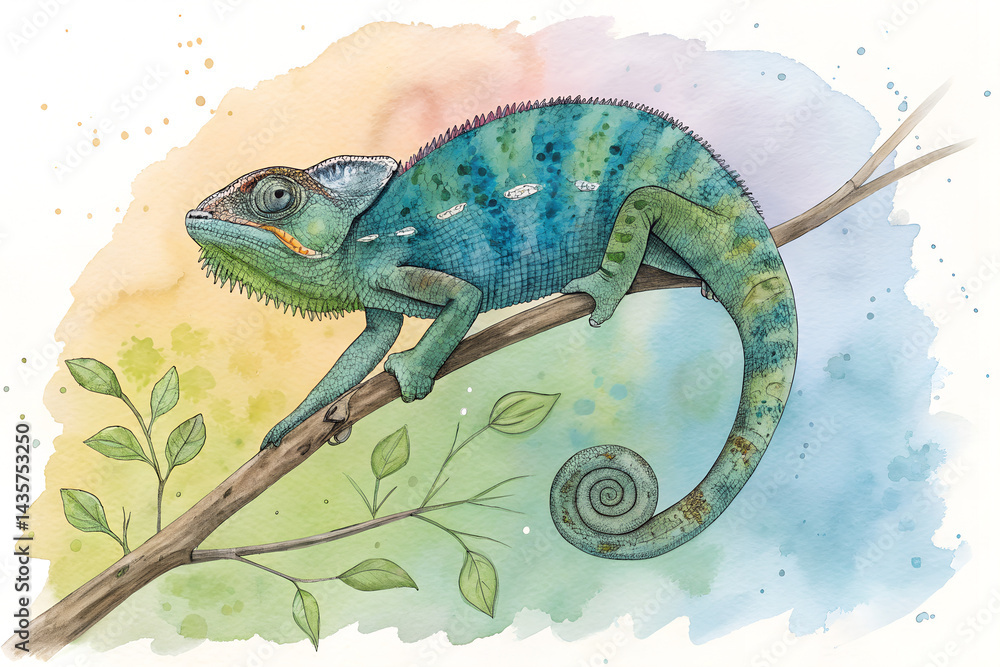 Naklejka premium Colorful Chameleon on a Tree Branch