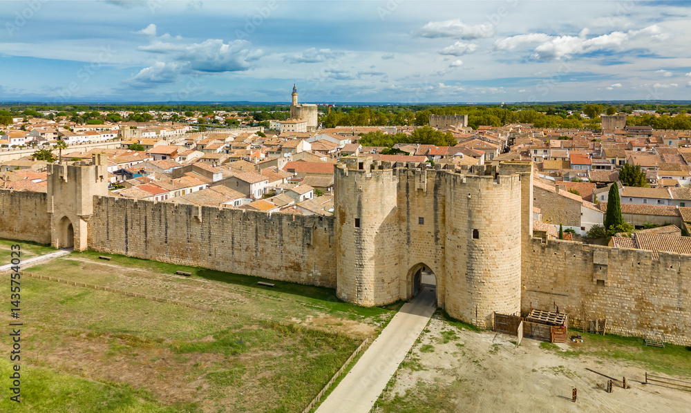 Aerial view of the Aigues-Mortes medieval town, Camargue region, southern France