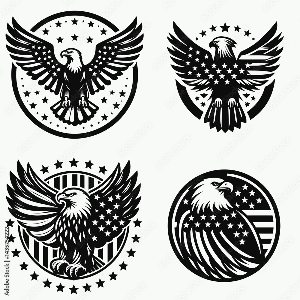 Obraz premium Bald eagle with American flag print on wings atop a ring of thirteen stars. 4th july Independence Day patriotic Clipart. Avian portrait wing design above circle vintage emblems.