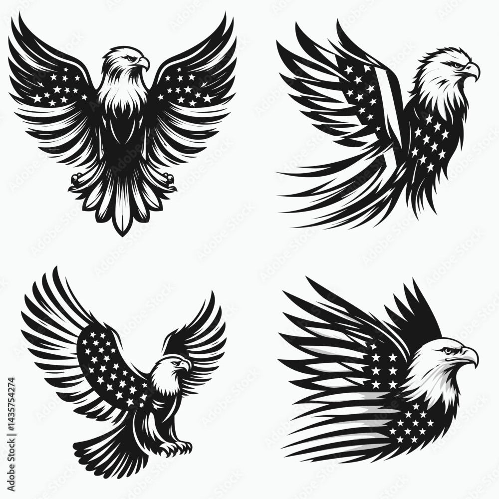 Obraz premium Bald eagle with American flag print on wings subtle stripes trailing behind. 4th of july Independence Day patriotic Clipart.