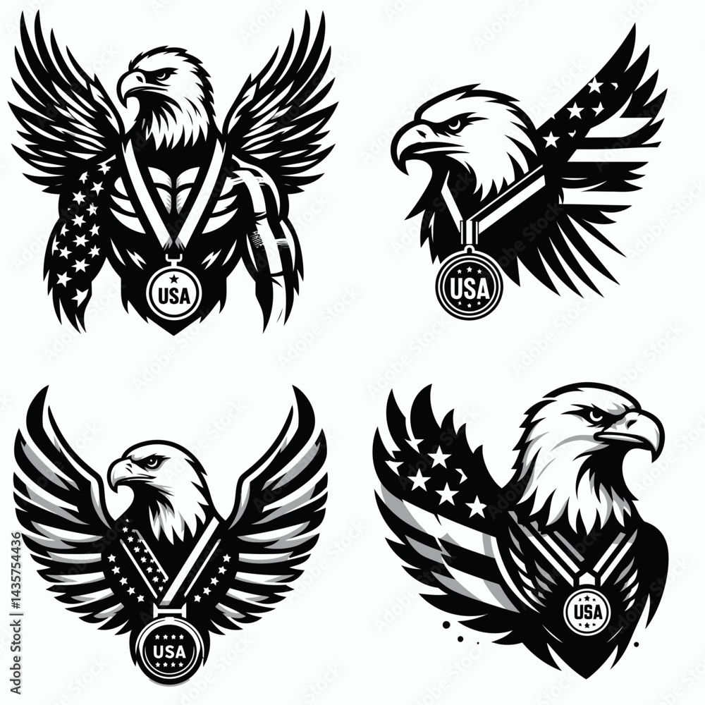 Obraz premium Bald eagle with American flag print on wings wearing a simple medal marked USA. 4th of july Independence Day patriotic Clipart.
