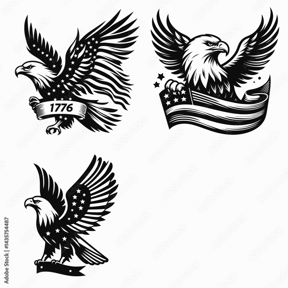 Obraz premium Bald eagle with American flag print on wings waving a short 1776 ribbon. 4th of july Independence Day patriotic Clipart.