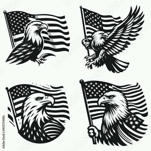  Bald eagle with American flag print on wings waving a striped pennant flag. 4th of july Independence Day patriotic Clipart.