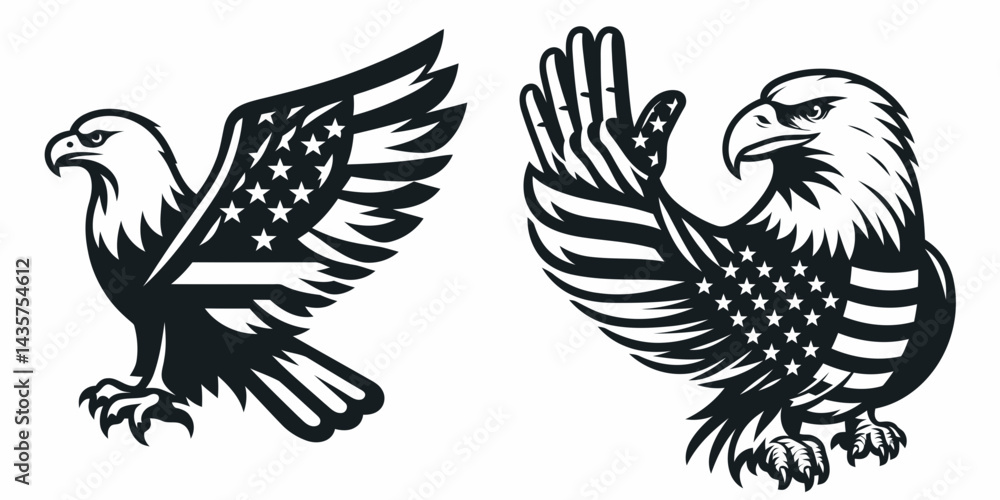 Obraz premium Bald eagle with American flag print on wings showing a friendly high five wing. 4th of july Independence Day patriotic Clipart.