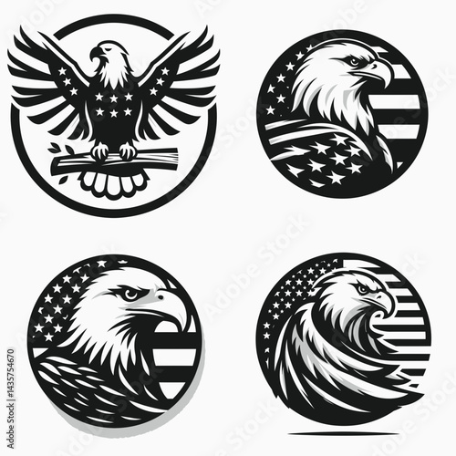  Bald eagle with American flag print on wings resting a plain circle badge. 4th of july Independence Day patriotic Clipart.