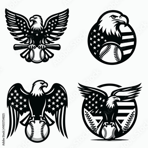  Bald eagle with American flag print on wings perched a simple baseball icon. 4th of july Independence Day patriotic Clipart.