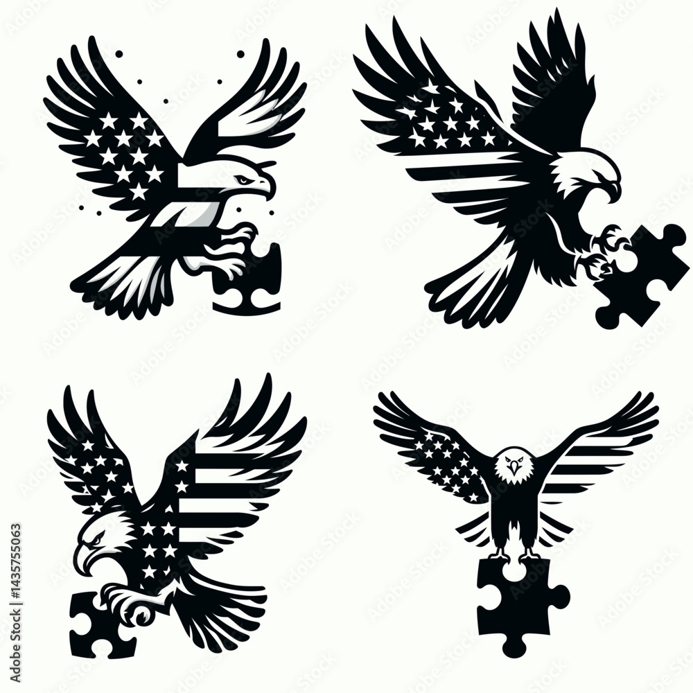 Obraz premium Bald eagle with American flag print on wings hovering above a small puzzle piece symbol. 4th of july Independence Day patriotic Clipart.