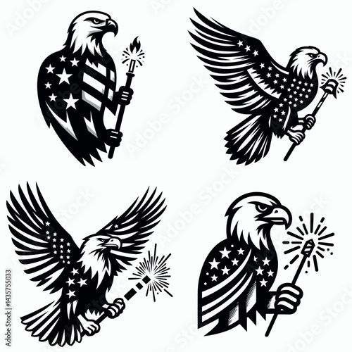  Bald eagle with American flag print on wings holding a single firework stick. 4th of july Independence Day patriotic Clipart.