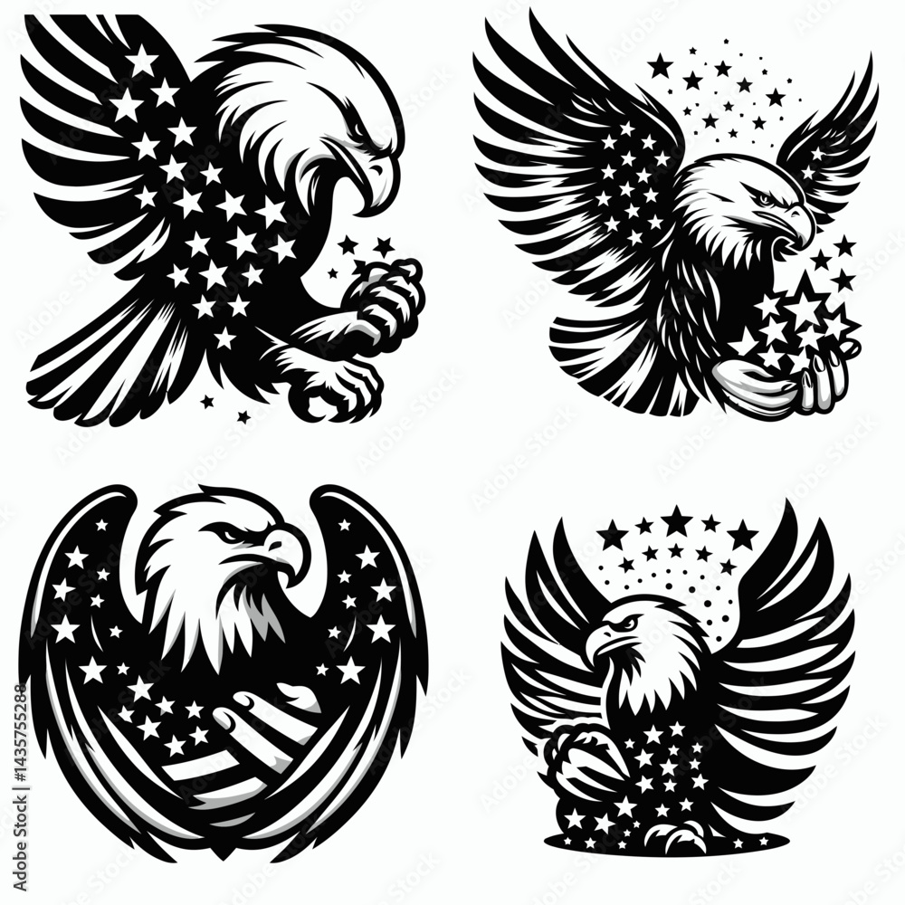 Obraz premium Bald eagle with American flag print on wings clutching a small cluster of stars. 4th july Independence Day patriotic Clipart. Avian portrait wing design celestial orb grip symbol freedom.