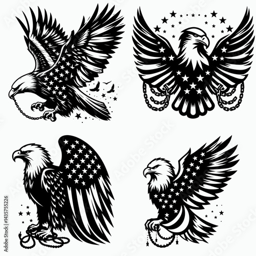  Bald eagle with American flag print on wings draping a short chain of stars. 4th july Independence Day patriotic Clipart. Avian portrait icon usa banner design feather starlight pendant.