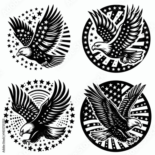  Bald eagle with American flag print on wings diving through a circular array of stars. 4th july Independence Day patriotic Clipart. Avian portrait soaring raptor amid stellar circle.