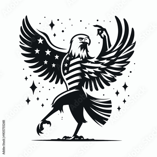  Bald eagle with American flag print on wings dancing confetti sparkles. 4th of july Independence Day patriotic Clipart. avian midsection image stars and stripe plumage joyous flutter.