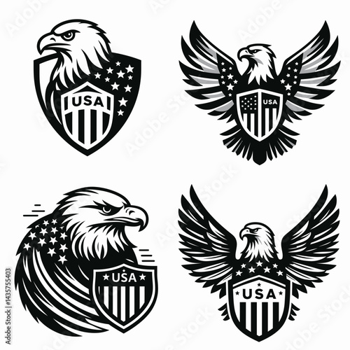 Bald eagle with American flag print on wings bearing a shield marked USA. 4th of july Independence Day patriotic Clipart. avian portrait national emblem plumage holding safeguard america.