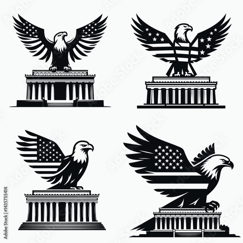  Bald eagle with American flag print on wings atop a simple Lincoln Memorial outline. 4th of july Independence Day patriotic Clipart. avian figure stars and stripes design above monument.