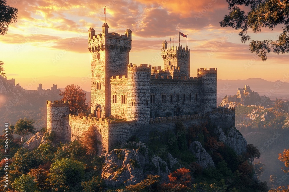Castle with brightly shining walls stands cheerfully against a backdrop of majestic mountains and clear blue skies Castle with brightly shining walls stands cheerfully against a backdrop of majestic mountains and clear blue skies