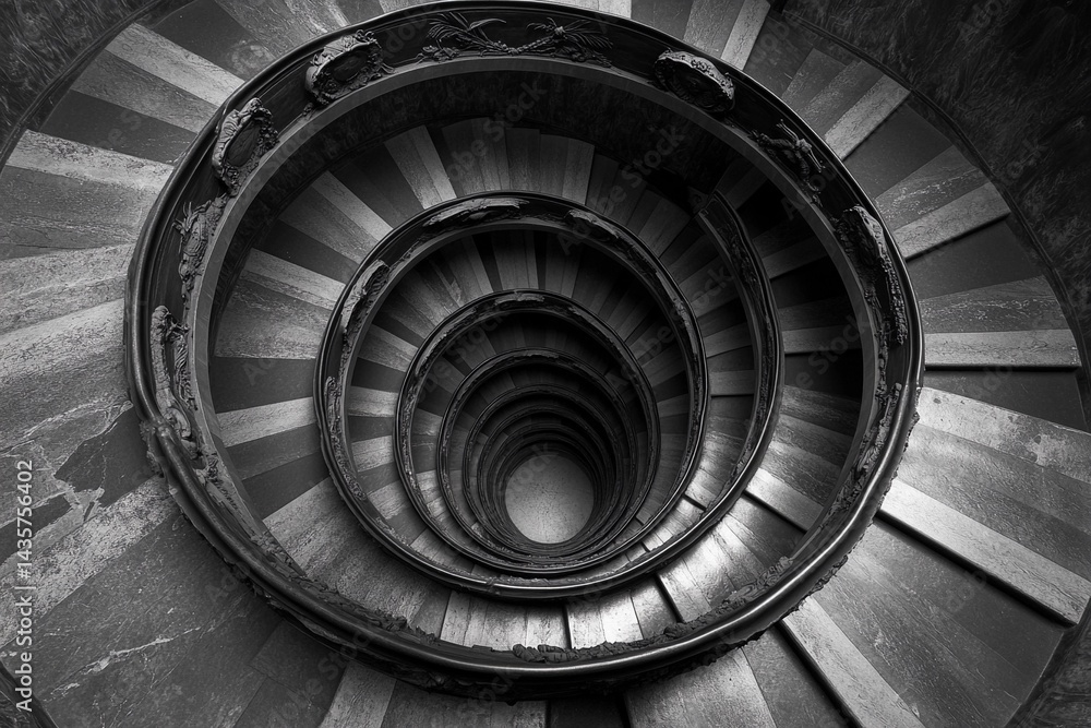 Fototapeta premium Endless spiral staircase viewed from above, showcasing a mesmerizing architectural design in a historic building