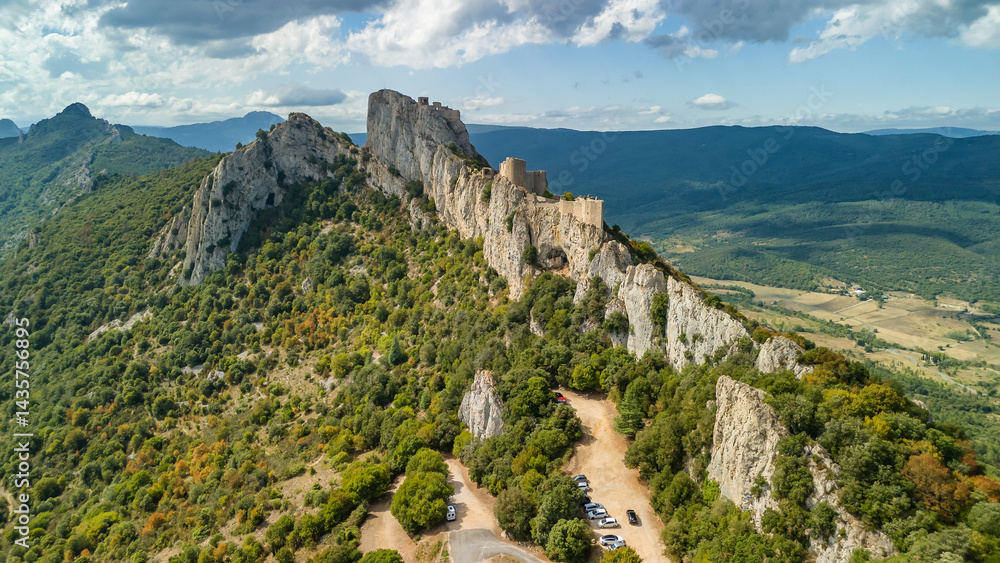Aerial view of the Cathar medieval castle of Peyrepertuse, southern France