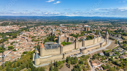 Aerial view of the medieval city of Carcassonne and its fortress castle, France