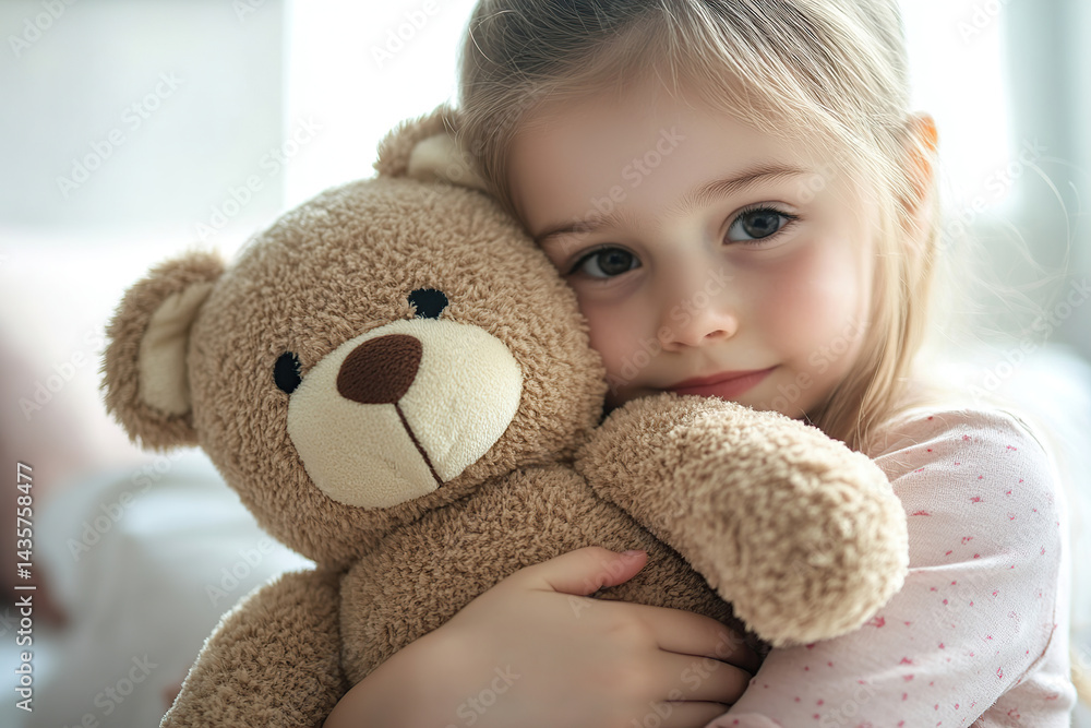 Child lovingly embraces her plush teddy bear at home during a cozy afternoon Child lovingly embraces her plush teddy bear at home during a cozy afternoon