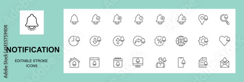 Bell notification line icon set. Set of 30 outline icons related to bell, notification, alarm, message, alert, reminder, message notification and others. Editable stroke.